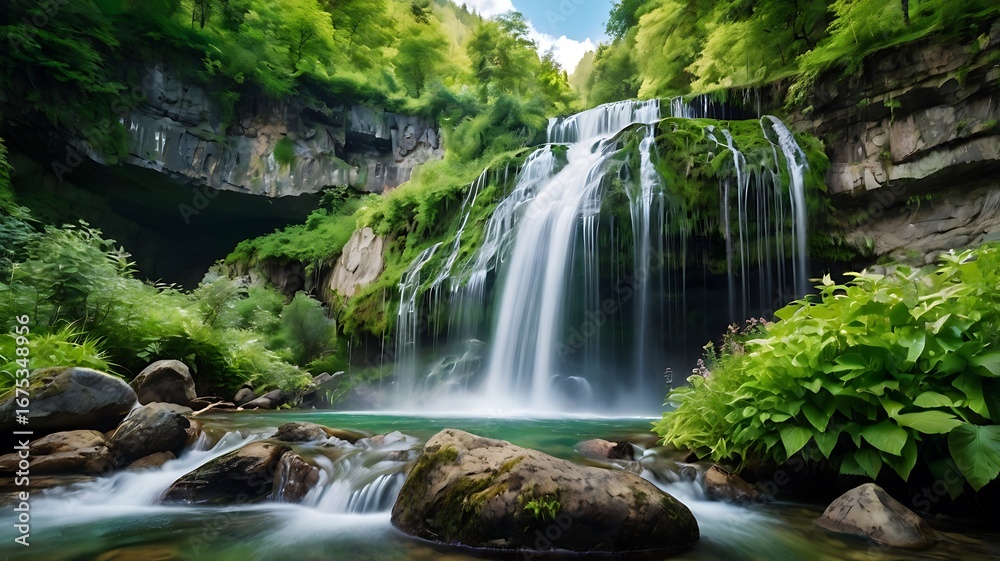 Fototapeta premium Majestic cascading waterfall surrounded by lush green forest and mossy rocks
