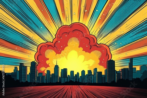 Comic book style explosion with bright yellow and orange blast behind city skyline silhouetted against radial blue and red lines