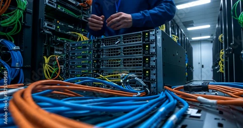 Technician Managing Server Connections in Data Center