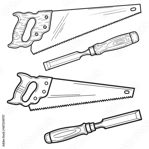 Black and White Line Art Set of Woodworking Hand Tools Including Saws and Chisels
