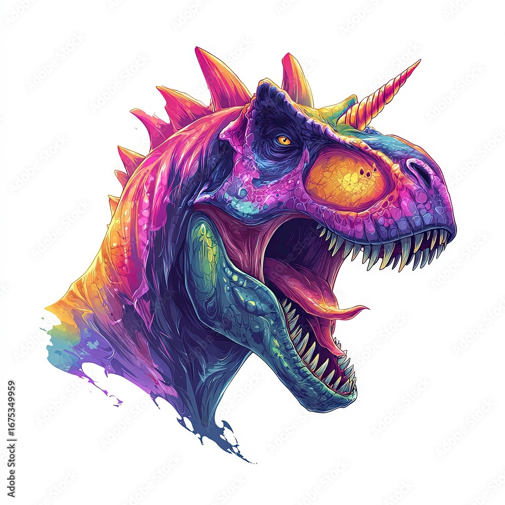 Naklejka premium Vivid dinosaur head in vibrant colors showcasing a unique mythical blend of dinosaur and unicorn features