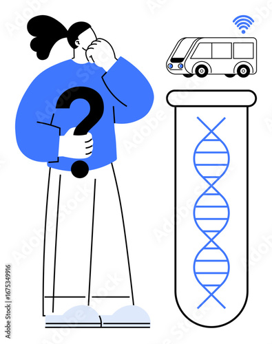 Individual holding a question mark stands pondering near a DNA test tube, futuristic smart vehicle, and wireless signal. Ideal for innovation, biotechnology, transportation, problem-solving, future
