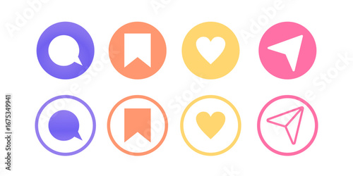 A vibrant, modern icon set for social media engagement. Features bold, colorful symbols for comment, save, like, and share. Great for dynamic digital platforms.
