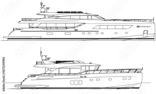 Two Detailed Line Art Drawings Showcasing Different Motor Yacht Designs