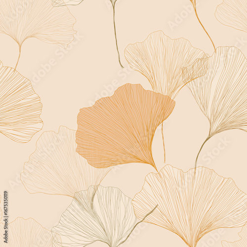 Minimalist line art seamless pattern with colorful ginkgo leaves background design