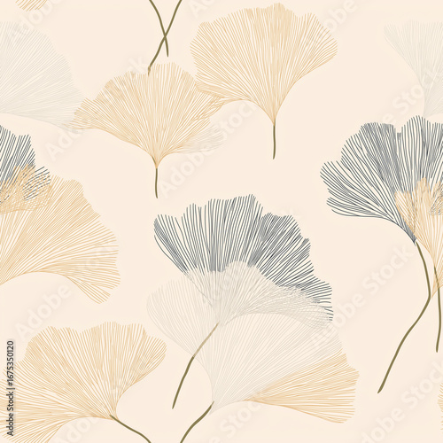 Minimalist line art seamless pattern with colorful ginkgo leaves background design