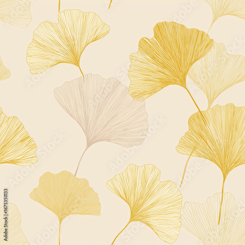 Minimalist line art seamless pattern with colorful ginkgo leaves background design
