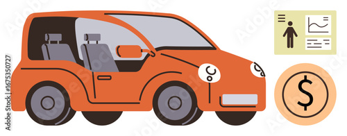 Orange car highlighting seats and interior, dollar coin emphasizing financial aspects, and a chart indicating analysis or stats. Ideal for car finance, insurance, industry, trade, analysis