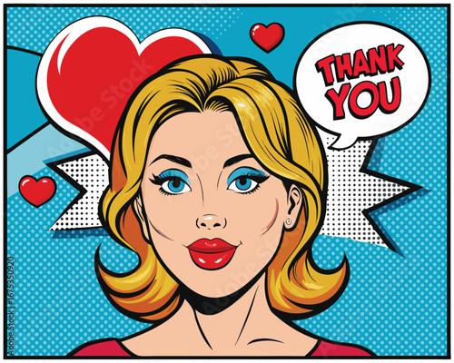 Vector art of pop art blonde woman says thank you with hearts on halftone background