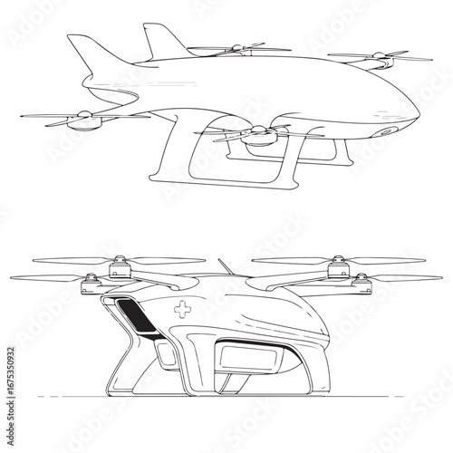 Conceptual Line Art Illustration of Modern Drone Designs for Future Technology