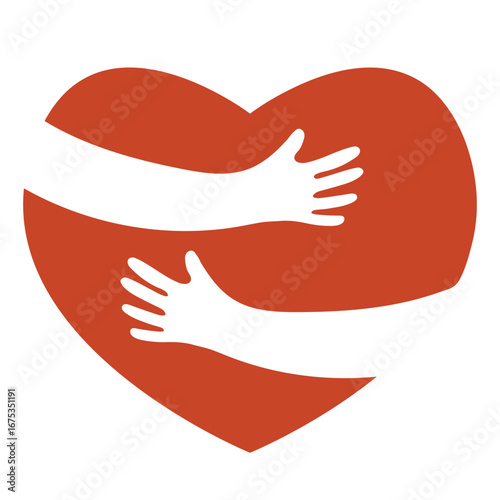  Love, care, and support concept. Two hands hugging a heart shape. Embrace and relationship. Symbol of friendship and passion icon. Vector illustration