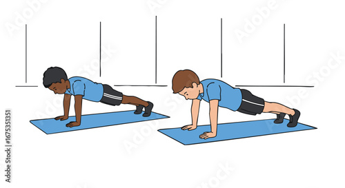 Two boys doing push-ups on yoga mats, illustrating a fitness or exercise activity for children