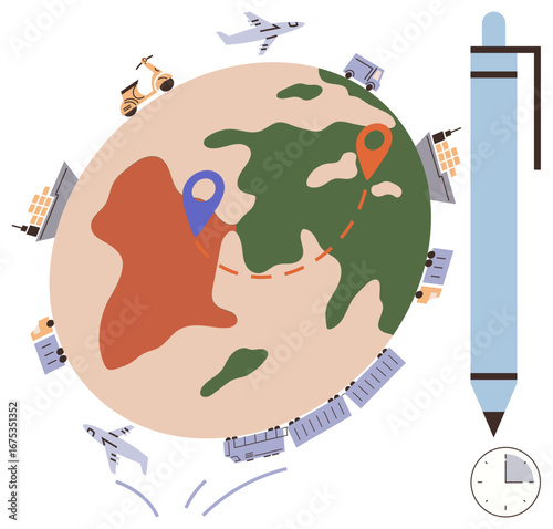 Earth with location pins, airplanes, trucks, cargo ships, and a scooter circling around, symbolizing global shipping routes. Ideal for logistics, delivery, international trade transportation market