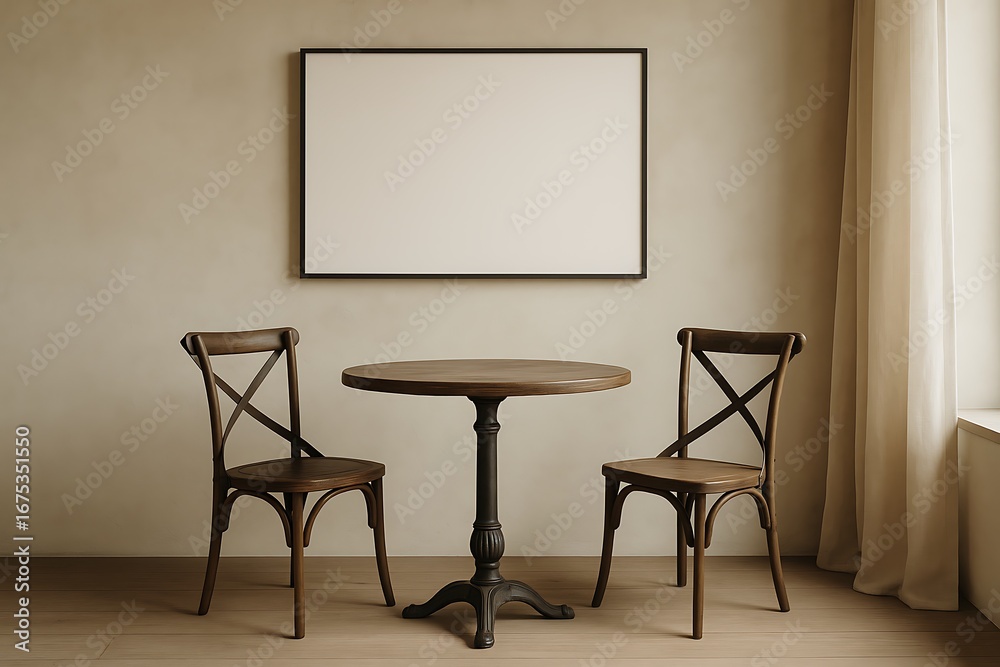 Fototapeta premium Small café style table with two chairs, portrait frame, beige curtain with sunlight, minimal breakfast setup, calm decorative scene for interior stock use