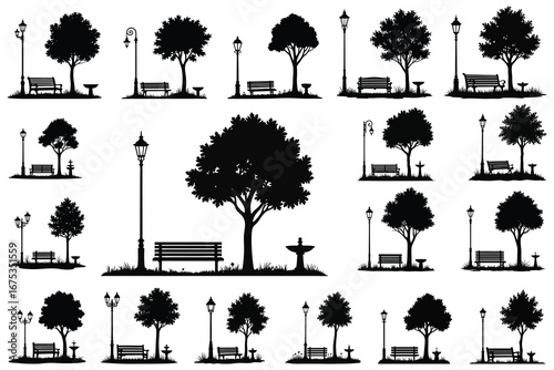 Park scene silhouettes with trees benches and lampposts