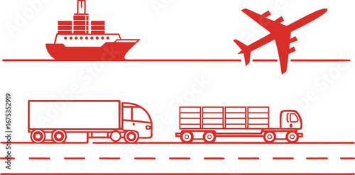 Adobe Illustrator Artwork Illustration showing transportation methods: freighter, airplane, and two trucks driving on a road with a broken white line