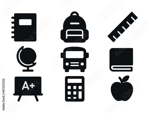 Silhouette icons of school supplies: notebook, backpack, ruler, globe, bus, book, chalkboard, calculator, apple
