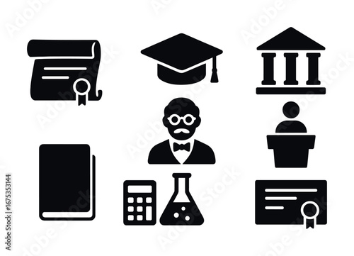Education icons: diploma, cap, institution, teacher, presentation, book, calculator, flask, certificate