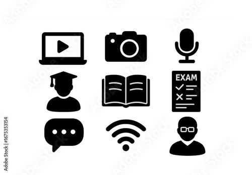 Education icons: laptop, camera, microphone, graduates, book, exam, chat, wifi