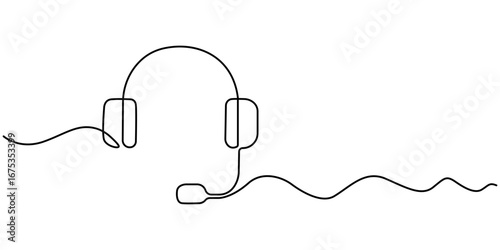 Headphones one line drawing minimalist vector outline isolated illustration. Continuous line drawing of headphones on a white background showcasing minimalist design and simplicity