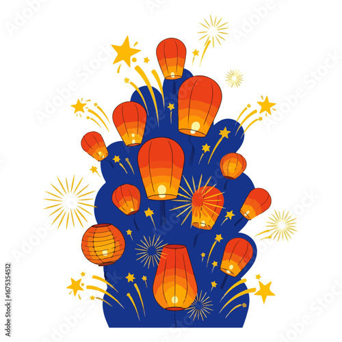 Celebratory sky lanterns and fireworks vector illustration for festive events