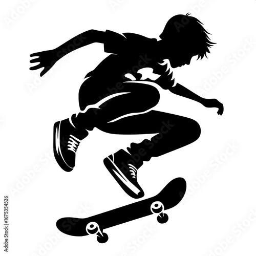 Black and White Vector Silhouette of Skateboarder