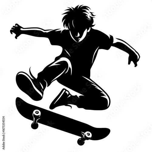 Black and White Vector Silhouette of Skateboarder
