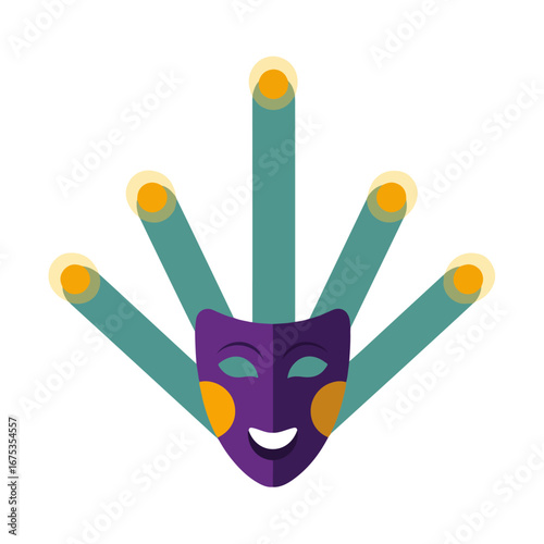 Colorful carnival mask with geometric rays and cheerful expression