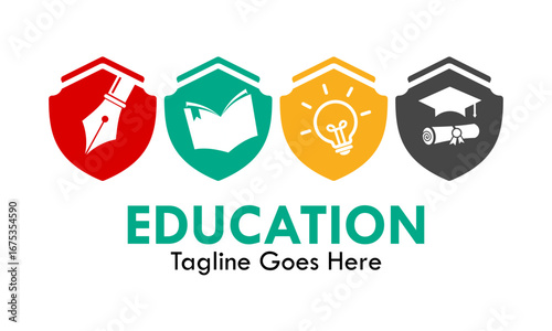 Minimalist and modern education logo with symbols of learning inside shields. Perfect for educational institutions, online courses, or tutoring businesses.