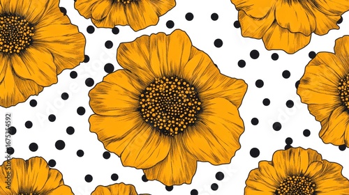 Vibrant yellow sunflower pattern with bold black polka dots backdrop