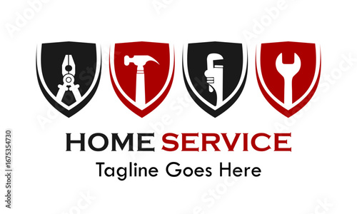 Professional home service logo featuring a shield with four different tools. Perfect for handyman, repair, and maintenance businesses. Clean, modern, and editable vector.