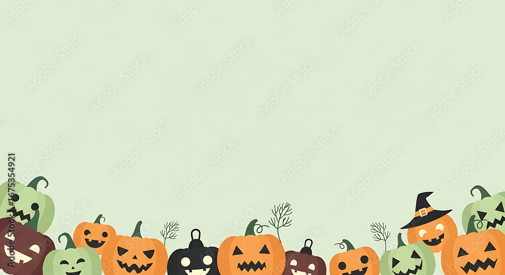 Fototapeta premium Playful halloween pumpkin patch illustration on a light green background