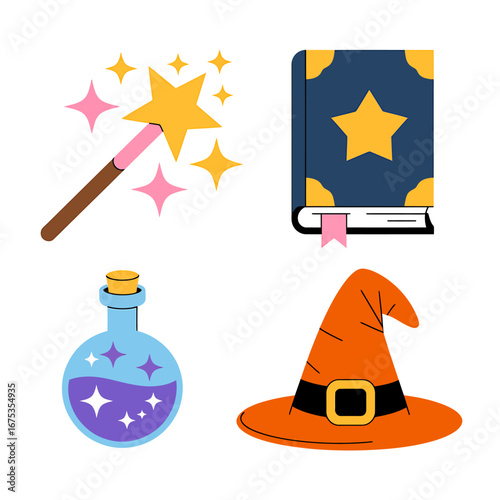 Magical Halloween Items Vector Illustration with Wand Spellbook Potion and Hat for Spooky Season Celebration