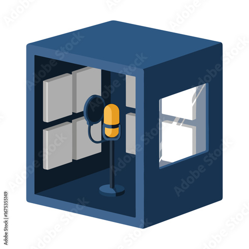 Isometric sound recording booth with microphone and acoustic panels