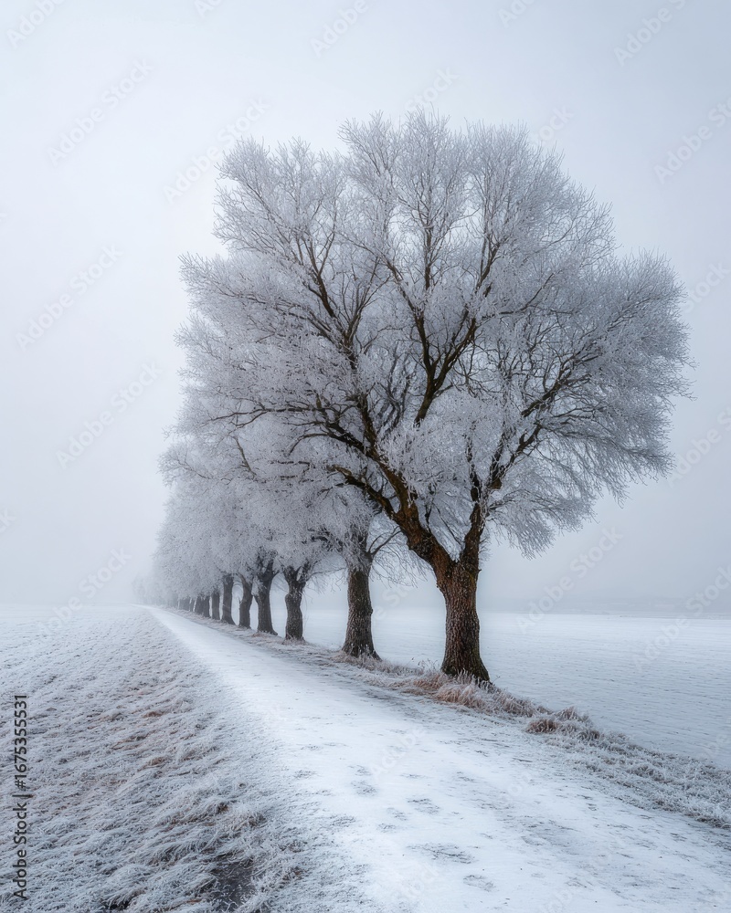 Fototapeta premium Frosted trees line a winter path