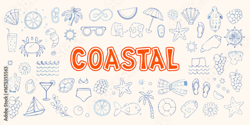 Collection of coastal summer beach icons and symbols with the word coastal