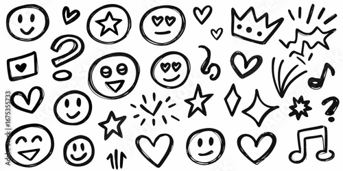 Collection of hand drawn black and white doodle icons including smiley faces hearts stars music notes and more