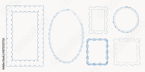 Collection of six decorative blue watercolor frames and borders with varied scalloped and dashed edges