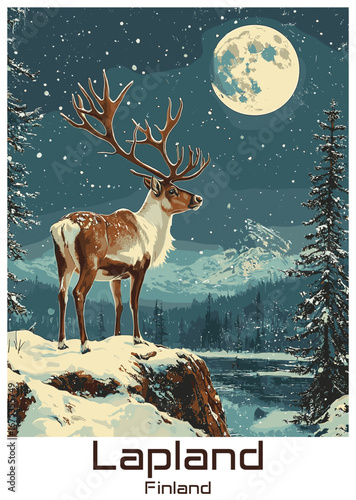 Stylized vector illustration of Lapland, Finland, with a reindeer and winter scene