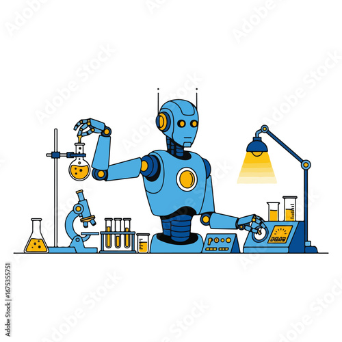 Robot scientist conducting experiment in laboratory with scientific equipment
