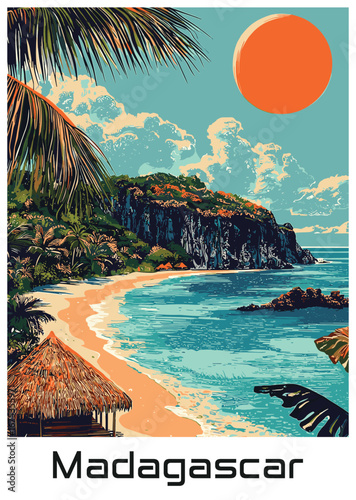Vector beach scene in Madagascar with hut at sunset