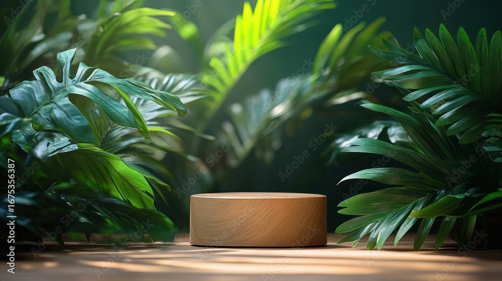 Fototapeta premium wooden round pedestal on natural surface surrounded by lush green tropical leaves with soft sunlight