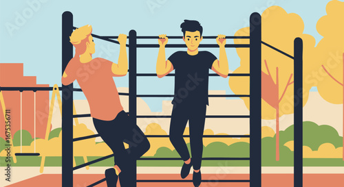 Two Young Men Exercising Outdoors Performing Pull-Ups on a Parallel Bar Structure in a Park
