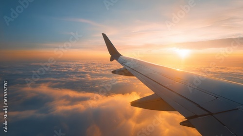 Airplane Wing in Stunning Sunset Above Clouds.