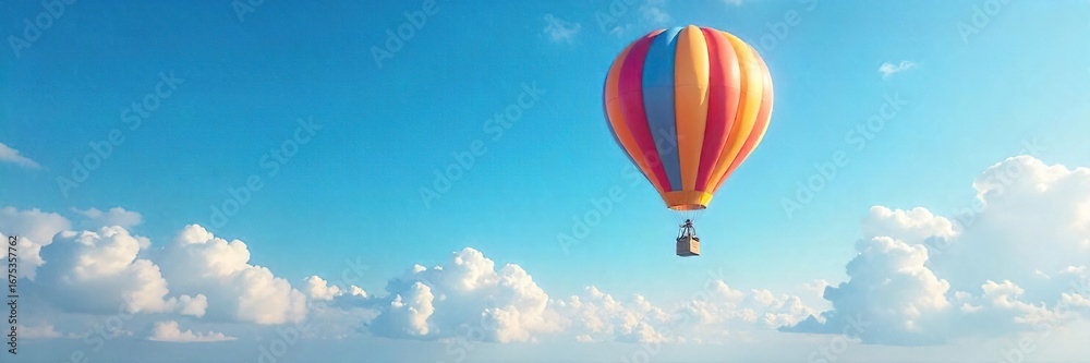 Fototapeta premium A whimsical hot air balloon floats serenely against a vibrant blue sky, casting a long shadow on fluffy white clouds Perfect for travel, adventure, freedom, and fantasy themes , day, fantasy