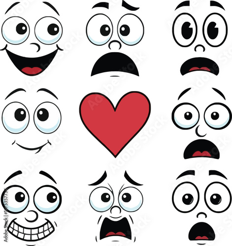 Collection of cartoon faces expressing various emotions with a red heart