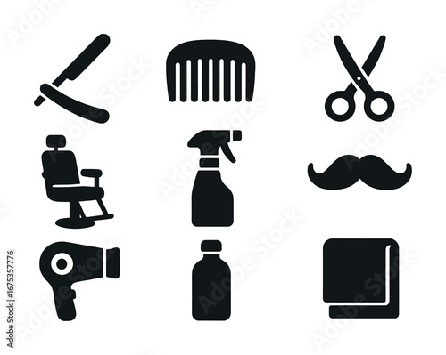 Barbershop icons: razor comb scissors chair spray bottle mustache hairdryer towel