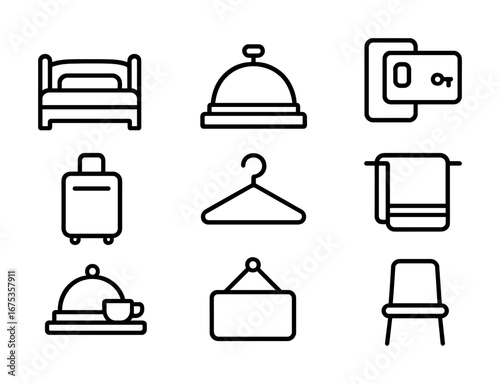 Hotel icon set featuring bed, bell, keycard, suitcase, hanger, towel, room service, sign, chair