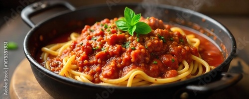 Rich, chunky spaghetti bolognese sauce simmering in a rustic pot, ready to be served over pasta A classic Italian comfort food, perfect for a family meal , classic, dinner, ground beef