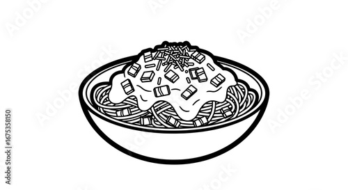 Detailed line art illustration of spaghetti bolognese in a bowl simplistic design